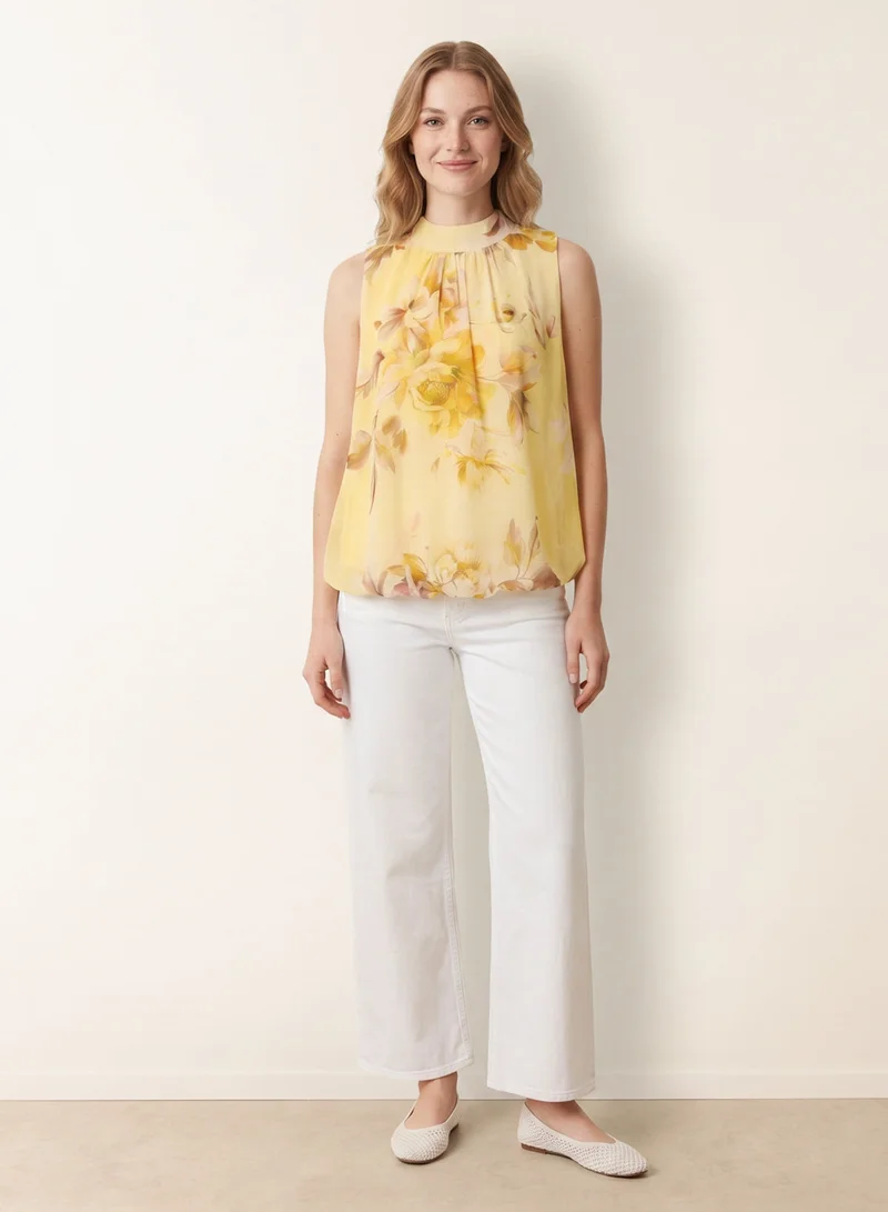 Blue Vanilla Sleeveless High Neck Puffball Blouse