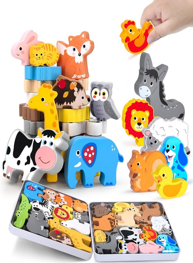 KECIABO Wooden Animal Puzzles Toys for Toddlers,24 Pcs Farm and Safari Animal Figures,Animal Matching Sorting Stacking Toys for Boys Child Girls,Educational Learning Toys Gift for Kids - Image 1