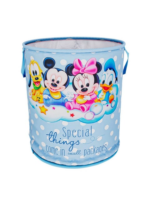 Kuber Industries Disney Mickey & Team Print Round Laundry Basket|Polyester Clothes Hamper|Waterproof & Foldable Round Laundry Bag with Handle,45 Ltr.(Sky Blue)
