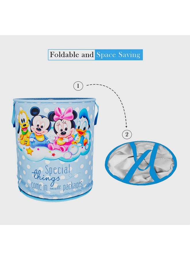 Kuber Industries - Kuber Industries Disney Mickey & Team Print Round Laundry Basket|Polyester Clothes Hamper|Waterproof & Foldable Round Laundry Bag with Handle,45 Ltr.(Sky Blue) - Image 1