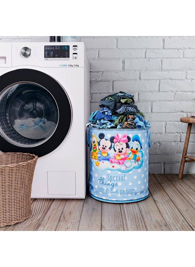 Kuber Industries - Kuber Industries Disney Mickey & Team Print Round Laundry Basket|Polyester Clothes Hamper|Waterproof & Foldable Round Laundry Bag with Handle,45 Ltr.(Sky Blue) - Image 1