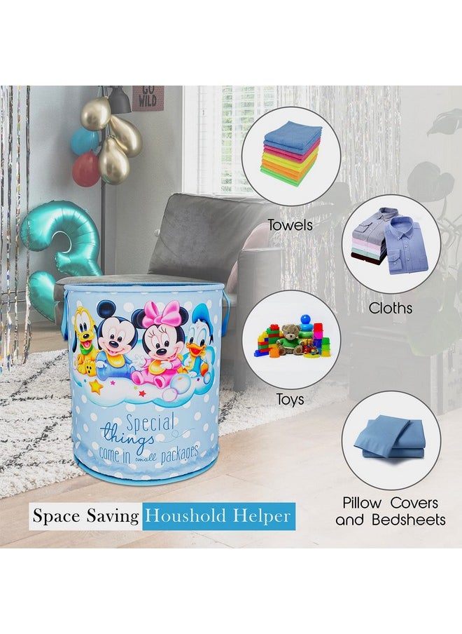 Kuber Industries - Kuber Industries Disney Mickey & Team Print Round Laundry Basket|Polyester Clothes Hamper|Waterproof & Foldable Round Laundry Bag with Handle,45 Ltr.(Sky Blue) - Image 1