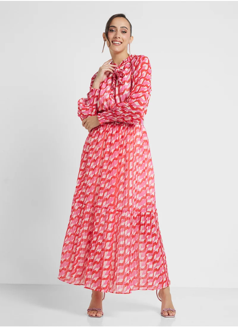 Khizana Printed Dress With Neck Tie Up