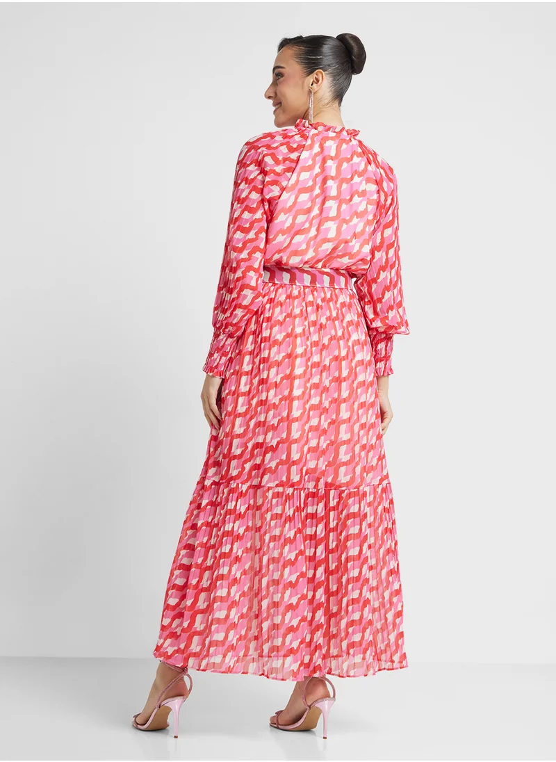 Khizana Printed Dress With Neck Tie Up