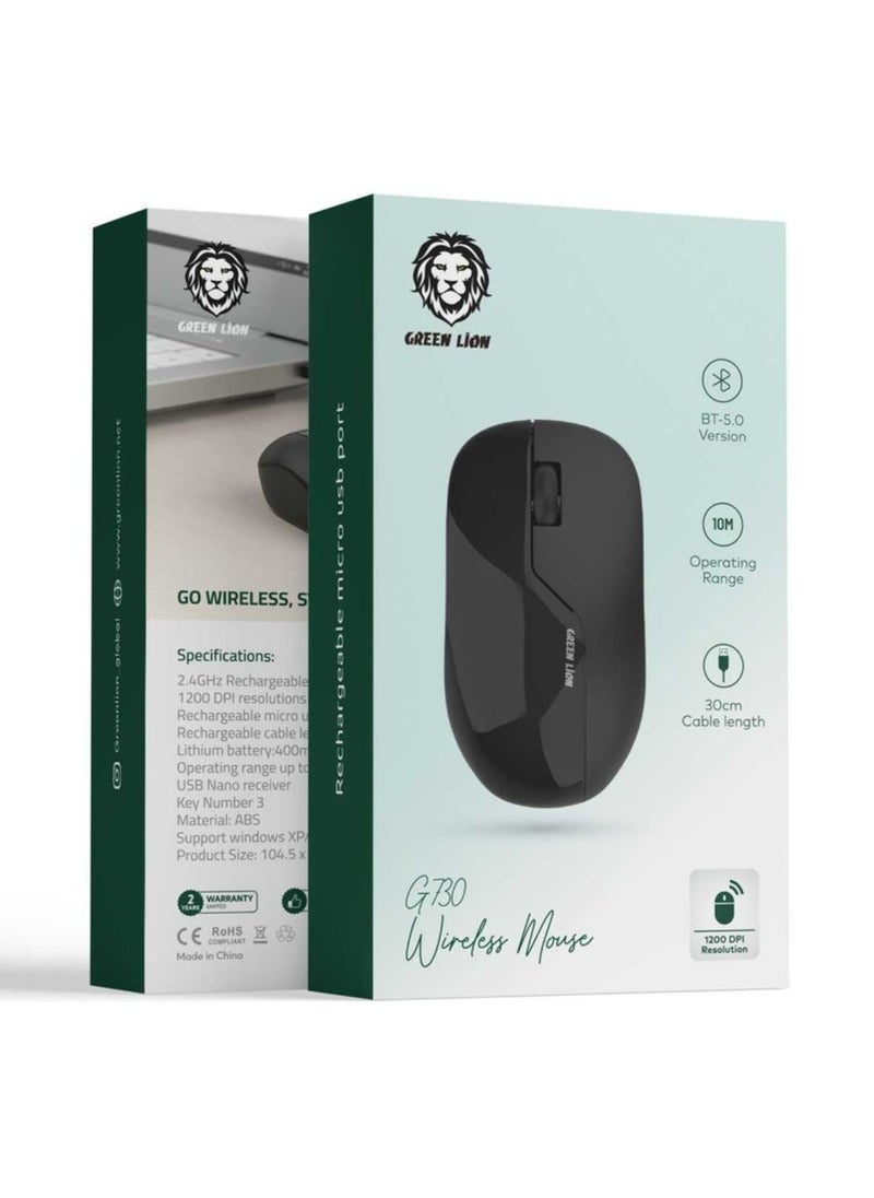 G730 Wireless Mouse, ABS Material, 400mAh Battery Capacity, 3 Key Number, 1200 DPI Resolution, Compatible with Windows XP, Vista, 7, 8, 10, Mac, 30 cm Rechargeable Cable Length - Black
