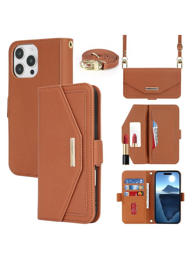 S-TOP Case For iPhone 16 Pro Max Cross Texture Crossbody Lanyard Leather Phone Case - Image 1