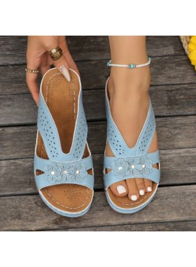 Women's Shoes Large Size Retro Floral Wedge Sandals Women's 25 Summer New European And American Style Outdoor Hollow-out Slip-on Sandals