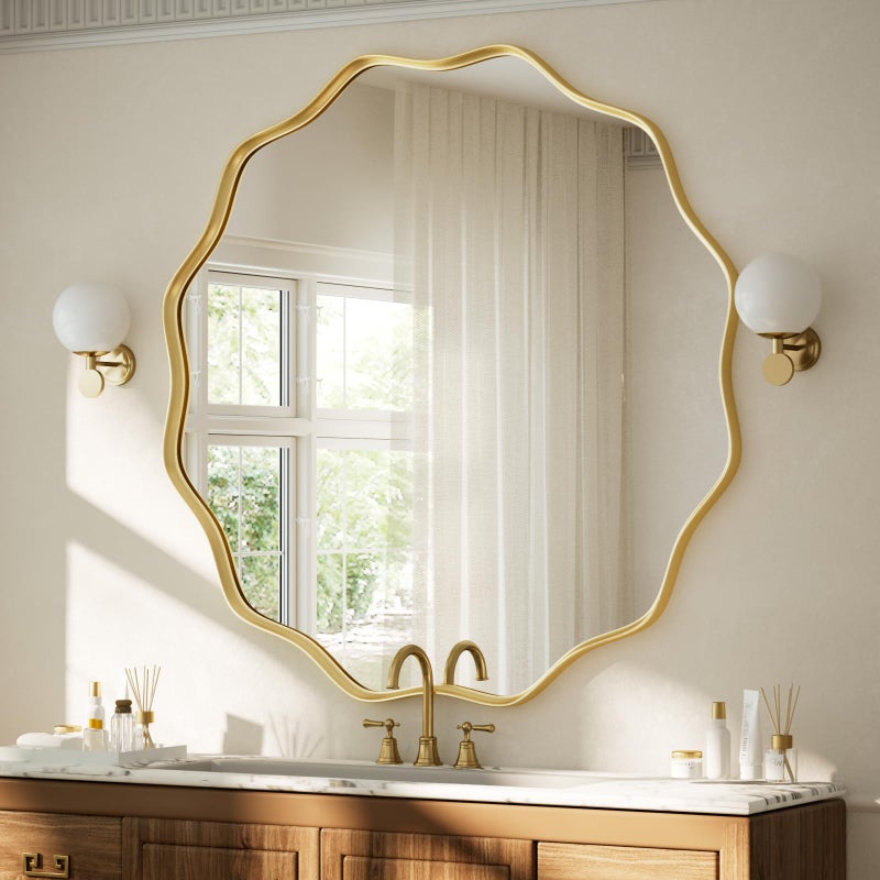 VooBang Gold Scalloped Circle Mirror, 36" Wavy Edge Round Wall Mirror with Tempered Glass Textured Circular Metal Deep Frame, Hanging Leaning for Bathroom, Hallway, Entryway, Livng Room - Image 1