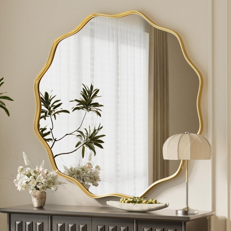 VooBang Gold Scalloped Circle Mirror, 36" Wavy Edge Round Wall Mirror with Tempered Glass Textured Circular Metal Deep Frame, Hanging Leaning for Bathroom, Hallway, Entryway, Livng Room - Image 4