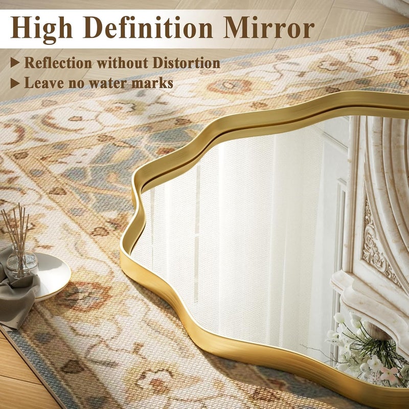 VooBang Gold Scalloped Circle Mirror, 36" Wavy Edge Round Wall Mirror with Tempered Glass Textured Circular Metal Deep Frame, Hanging Leaning for Bathroom, Hallway, Entryway, Livng Room - Image 2