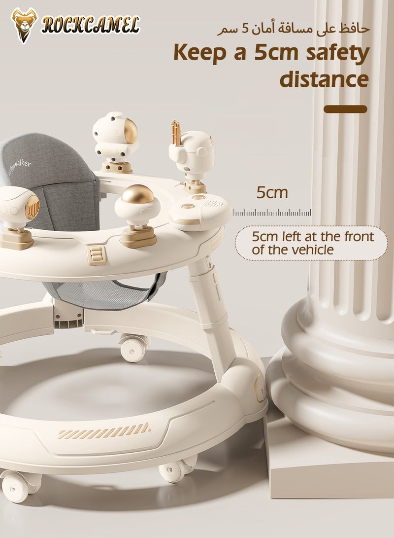 ROCKCAMEL 3 in 1 Foldable Baby Walker with Parental Push Handle, Food Tray, Sunshade, Footrest, Adjustable Height, Lights & Musical, Toddler Sit-to-Stand Activity Walker for Kids 7-18 Months (Beige) - Image 5
