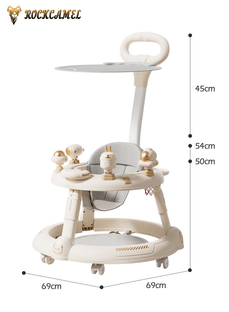ROCKCAMEL 3 in 1 Foldable Baby Walker with Parental Push Handle, Food Tray, Sunshade, Footrest, Adjustable Height, Lights & Musical, Toddler Sit-to-Stand Activity Walker for Kids 7-18 Months (Beige) - Image 4