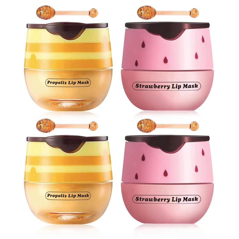 4 Pcs Strawberry Honey Lip Balm Vitamin E Lip Masks Moisturizing Propolis Sleeping Lip Mask Hydrating Prevention Dry and Cracked Lip Scrubs Exfoliator 2 Pack Strawberry 2 Pack Honey