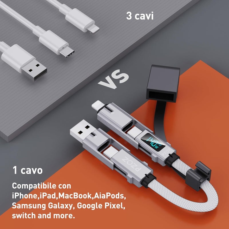 Pzoz 0.18M 140W 4-in-1 Short USB C Cable, USB C & Lightning Keychain Charging Cable with LED Display, Portable Fast Charging Cord for Power Bank, iPhone, MacBook, iPad, Samsung - Image 3
