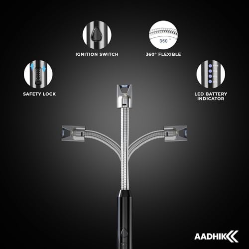 AADHIK Premium Gas Lighter for Kitchen USB Rechargeable Long Life Electric Gas Lighter | 360 Degree Flexible & Windproof (Black, Set of 1) - Image 4