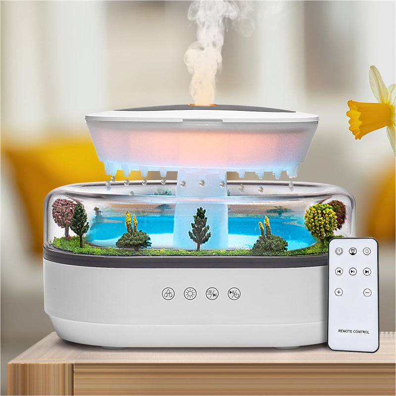 BLOIMP Essential Oil Diffuser 250ML Cloud Humidifier Rain Water Drip Diffuser Humidifier with Drip Music Micro Landscape Ultrasonic Diffuser for Bedroom Office Hotel White Grey - Image 2