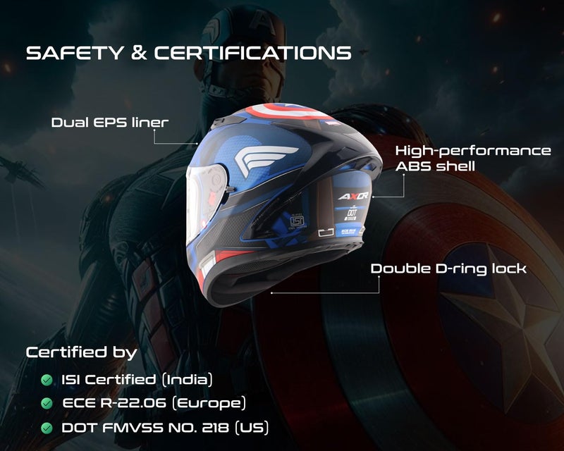 Axor Street Marvel Captain America ISI ECE and DOT Certified Lightweight Full Face Helmet for Men and Women with Scratch and UV Resistant Dual Visors with Anti-Fog Pin Lock System-Blue Red White-M - Image 4