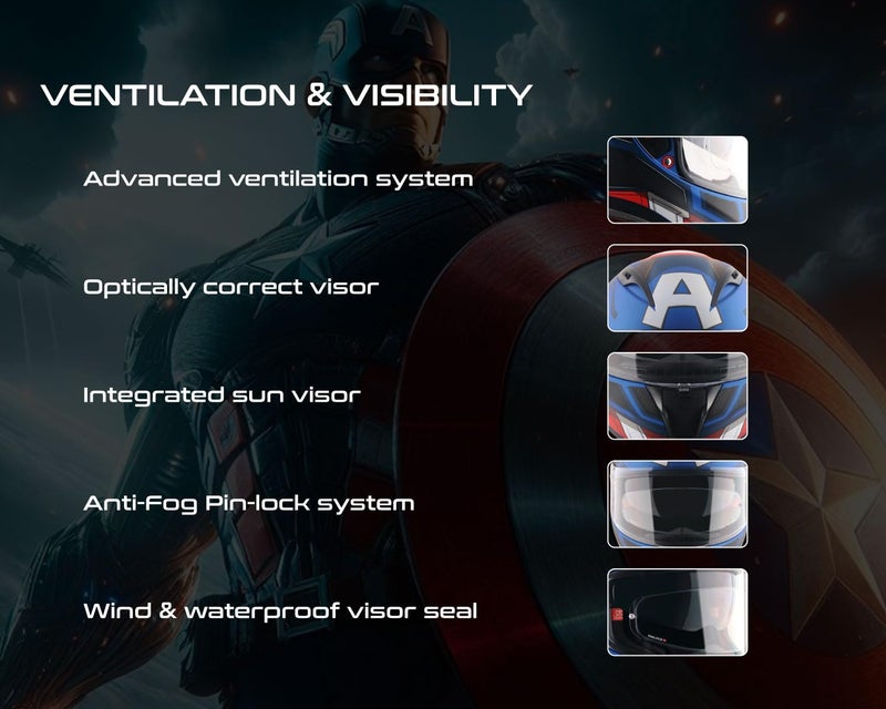 Axor Street Marvel Captain America ISI ECE and DOT Certified Lightweight Full Face Helmet for Men and Women with Scratch and UV Resistant Dual Visors with Anti-Fog Pin Lock System-Blue Red White-M - Image 5