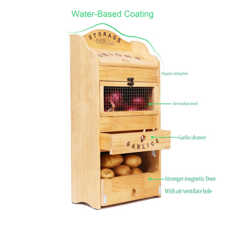 ARTAWEIN Potato Bin Veggie Organizer Rustic Pine Wood Potato, Onion & Garlic Storage Bin | Kitchen Organizer | Solid Wood Veggie Box | Compact Kitchen Box (13.77" L x 7.1" W x 29.3" H) - Image 2