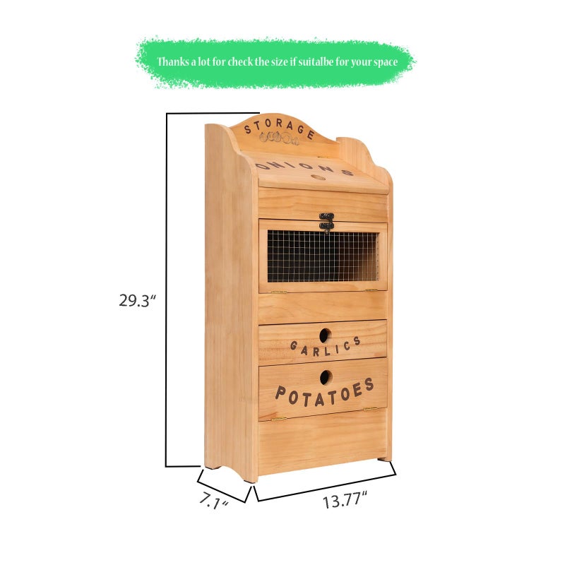 ARTAWEIN Potato Bin Veggie Organizer Rustic Pine Wood Potato, Onion & Garlic Storage Bin | Kitchen Organizer | Solid Wood Veggie Box | Compact Kitchen Box (13.77" L x 7.1" W x 29.3" H) - Image 3