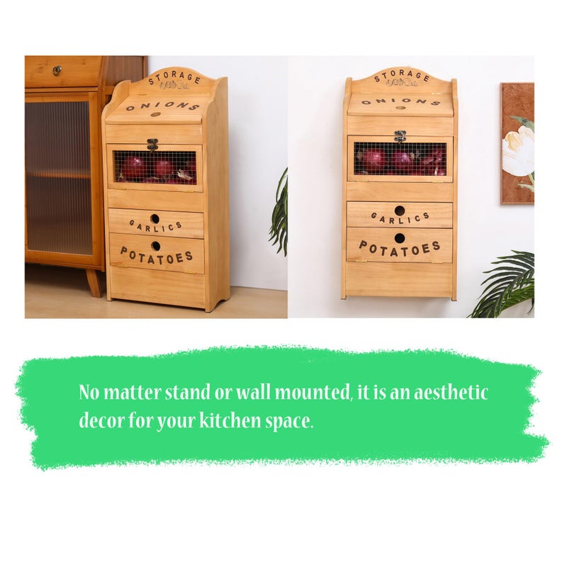 ARTAWEIN Potato Bin Veggie Organizer Rustic Pine Wood Potato, Onion & Garlic Storage Bin | Kitchen Organizer | Solid Wood Veggie Box | Compact Kitchen Box (13.77" L x 7.1" W x 29.3" H) - Image 4