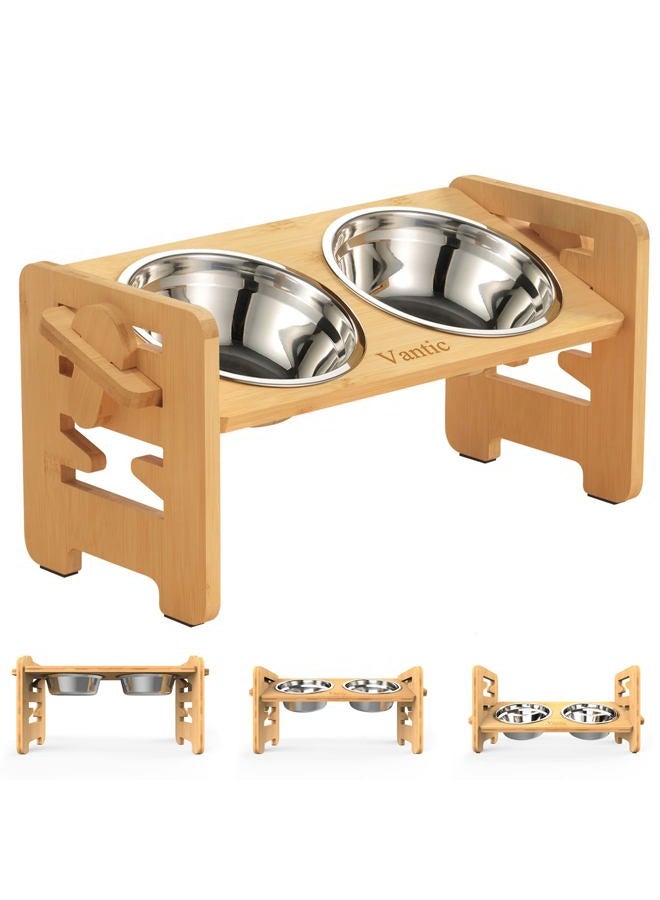 Vantic Elevated Dog Bowls-Adjustable Raised Dog Bowls with Stand for Small Size Dogs and Cats,Durable Bamboo Dog Feeder with 2 Stainless Steel Bowls and Non-Slip Feet - Image 1