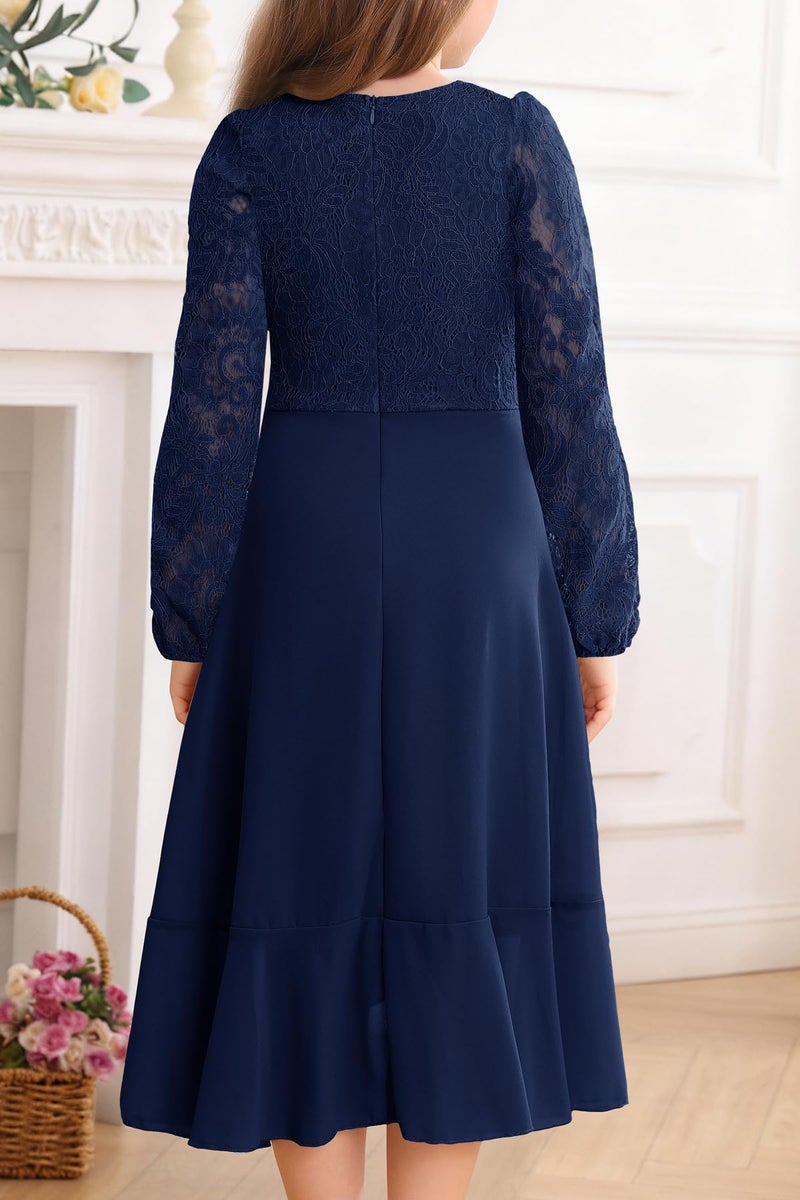 HOSIKA Lace Flower Girls Dresses High Low Long Sleeve Elegant Junior Bridesmaid Dresses for 6-12 Years - Image 4