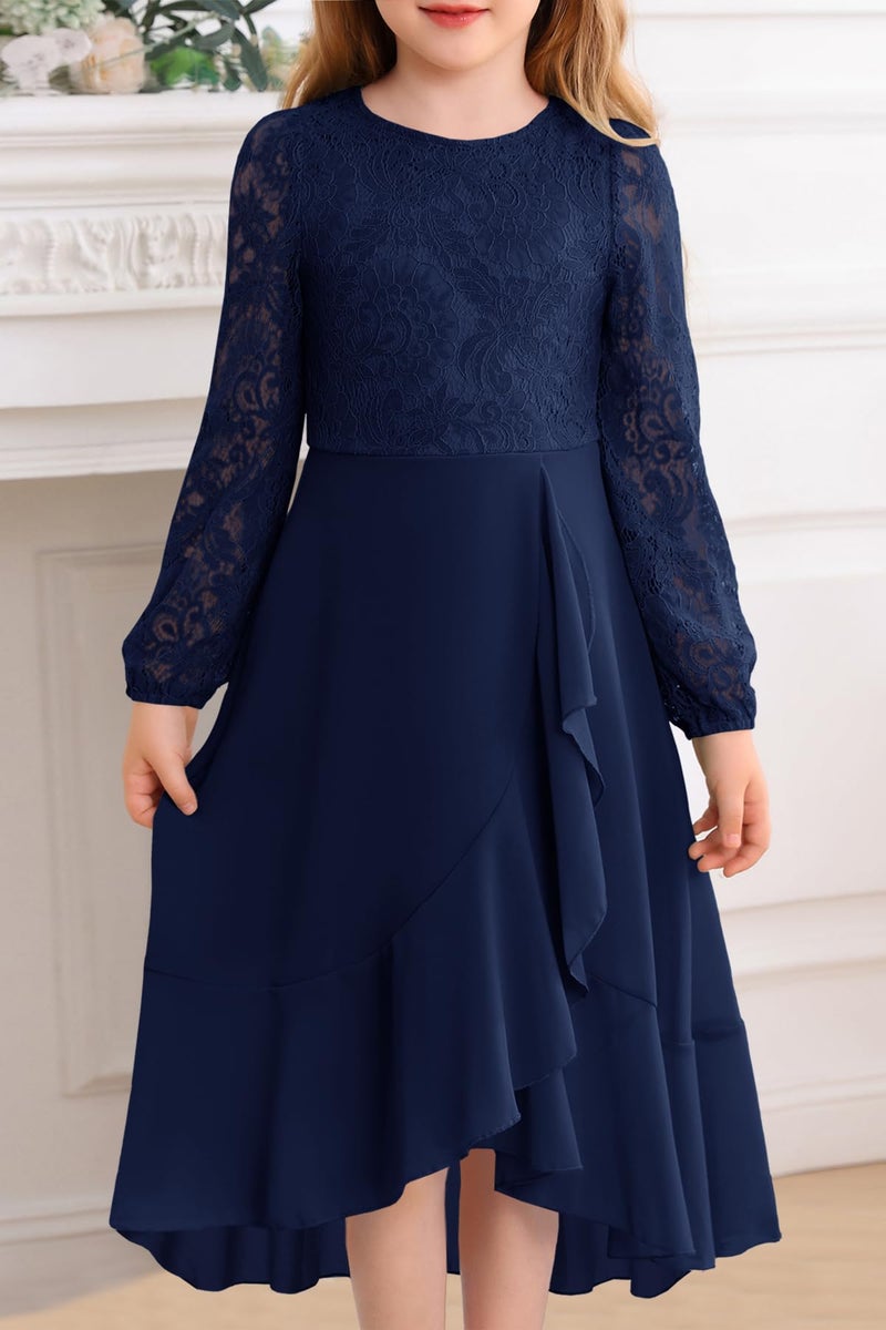 HOSIKA Lace Flower Girls Dresses High Low Long Sleeve Elegant Junior Bridesmaid Dresses for 6-12 Years - Image 2