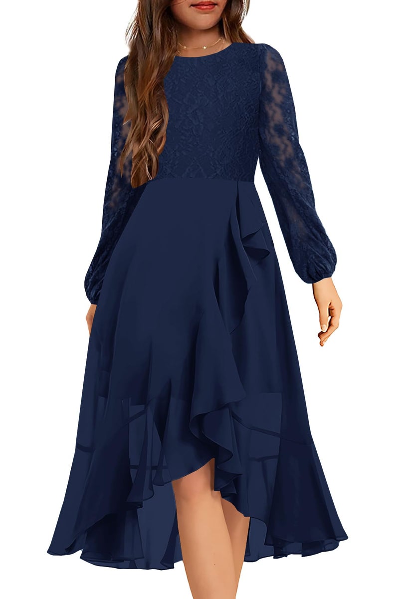 HOSIKA Lace Flower Girls Dresses High Low Long Sleeve Elegant Junior Bridesmaid Dresses for 6-12 Years - Image 1