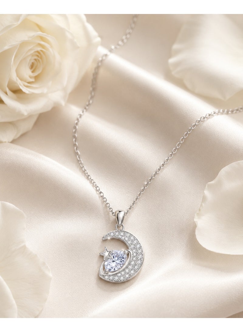 RAFAL Women's Silver-Tone Crystal Crescent Moon, Star and Marquise Pendant Necklace - Image 3