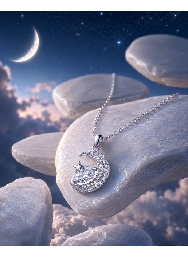 RAFAL Women's Silver-Tone Crystal Crescent Moon, Star and Marquise Pendant Necklace - Image 2
