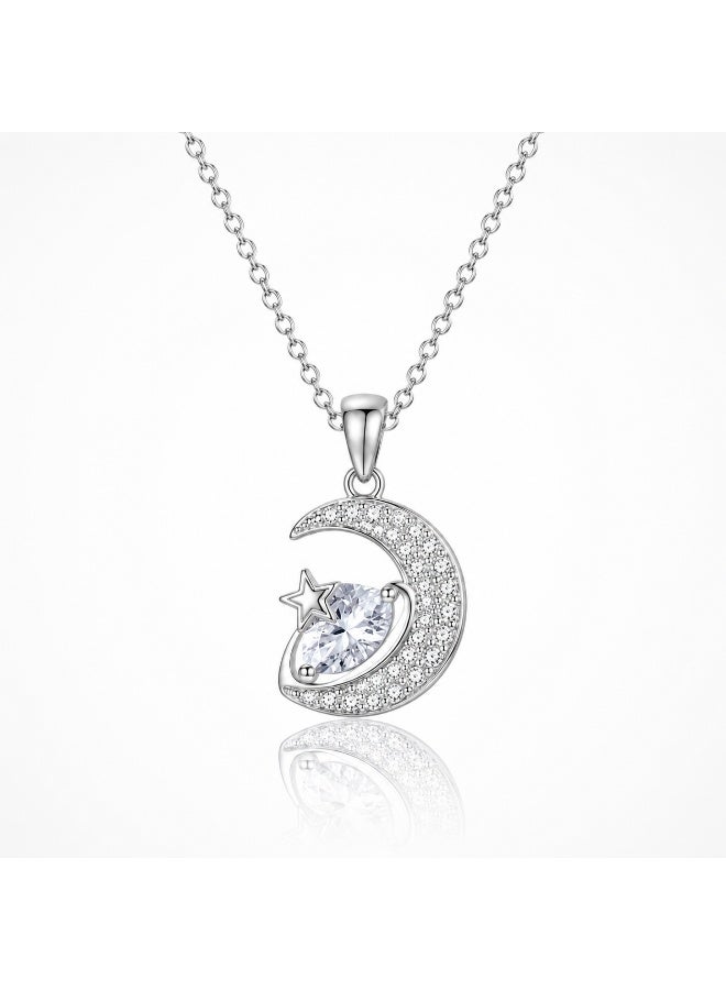 RAFAL Women's Silver-Tone Crystal Crescent Moon, Star and Marquise Pendant Necklace - Image 1