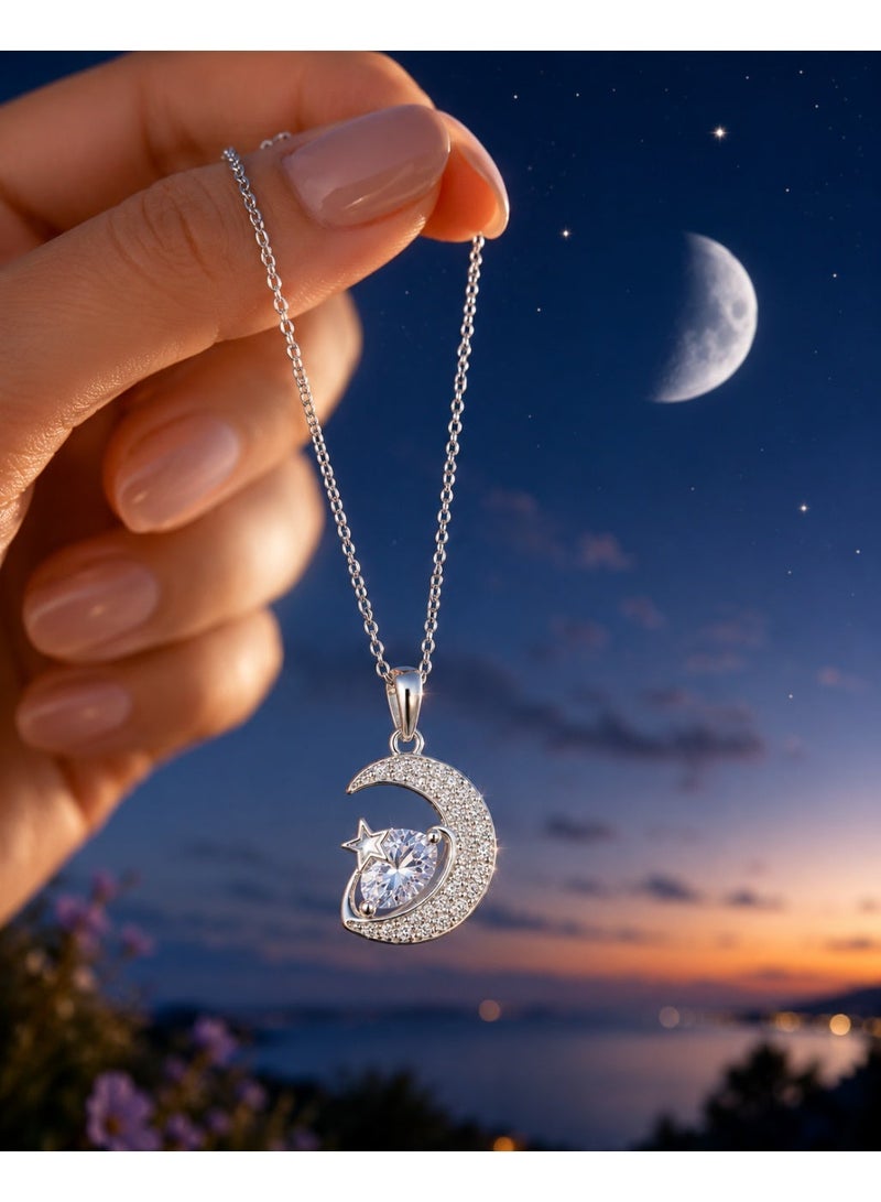 RAFAL Women's Silver-Tone Crystal Crescent Moon, Star and Marquise Pendant Necklace - Image 5