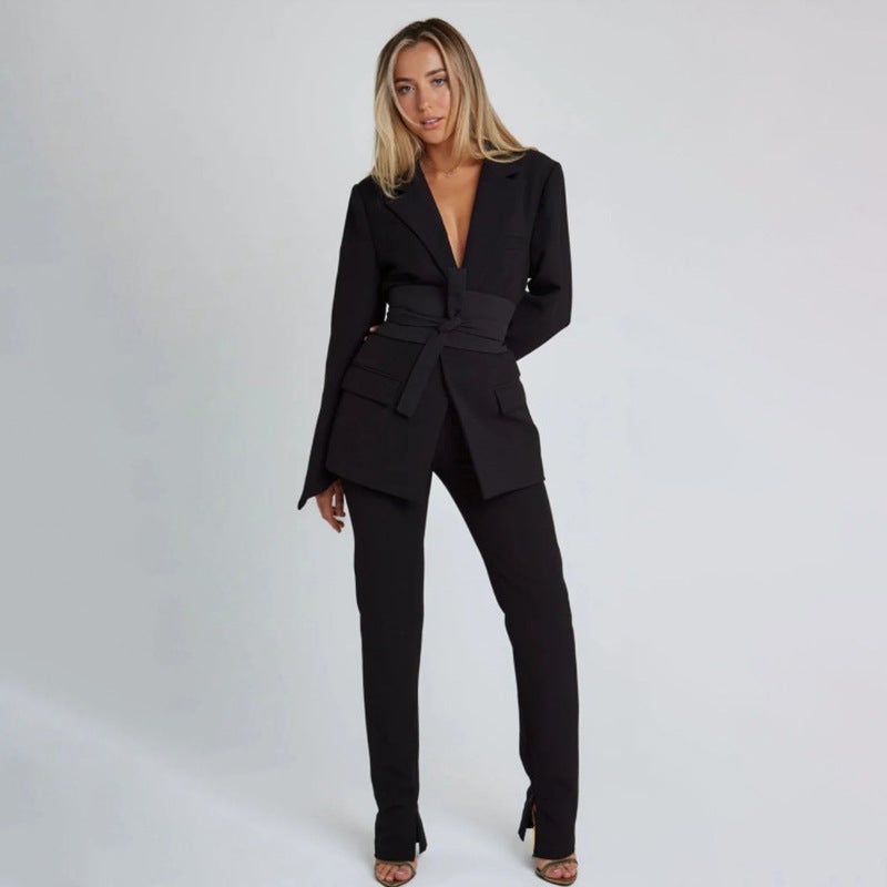 Fashion Solid Color Long Sleeve Cardigan Strap Coat Womens Casual Elegant Autumn and Winter Belt Design Sense suit Pants for Women Black suit