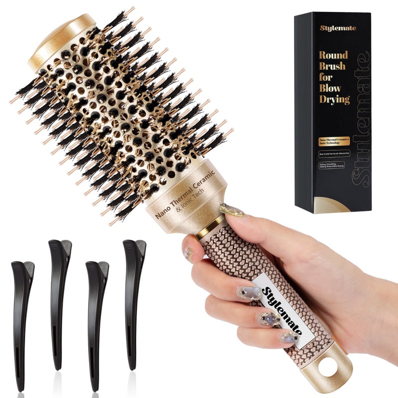 STYLEMATE Round Hair Brush for Blow Out 17 Inch Nano Thermal Ceramic  Ionic Tech Boar Bristle Roller Brush for Blow Drying and Styling Includes 4 Free Clips Gold