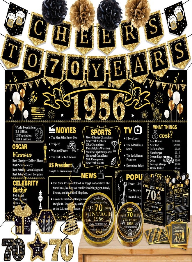 YeohJoy 70th Birthday Decorations for Men Women, 106 PCS Back in 1955 Decorations, Vintage 70th Birthday Party Tableware Set for men,Backdrops,Card, Banner, Paper Poms,Hanging Swirl, Tableware for 24 Guests - Image 1