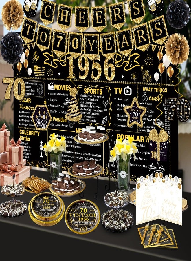 YeohJoy 70th Birthday Decorations for Men Women, 106 PCS Back in 1955 Decorations, Vintage 70th Birthday Party Tableware Set for men,Backdrops,Card, Banner, Paper Poms,Hanging Swirl, Tableware for 24 Guests - Image 2