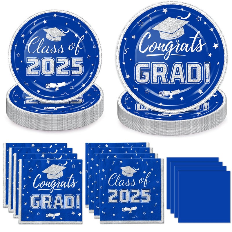 Oigco Blue and Silver Graduation Party Plates and Napkins 2025 - Graduation Party Supplies Congrats Grad Disposable Paper Plates Cocktail Napkins Luncheon Napkins for Graduation Party Decorations  Serve 50 - Image 1