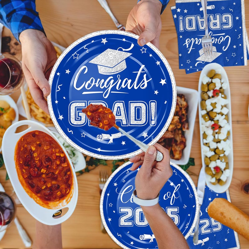 Oigco Blue and Silver Graduation Party Plates and Napkins 2025 - Graduation Party Supplies Congrats Grad Disposable Paper Plates Cocktail Napkins Luncheon Napkins for Graduation Party Decorations  Serve 50 - Image 5