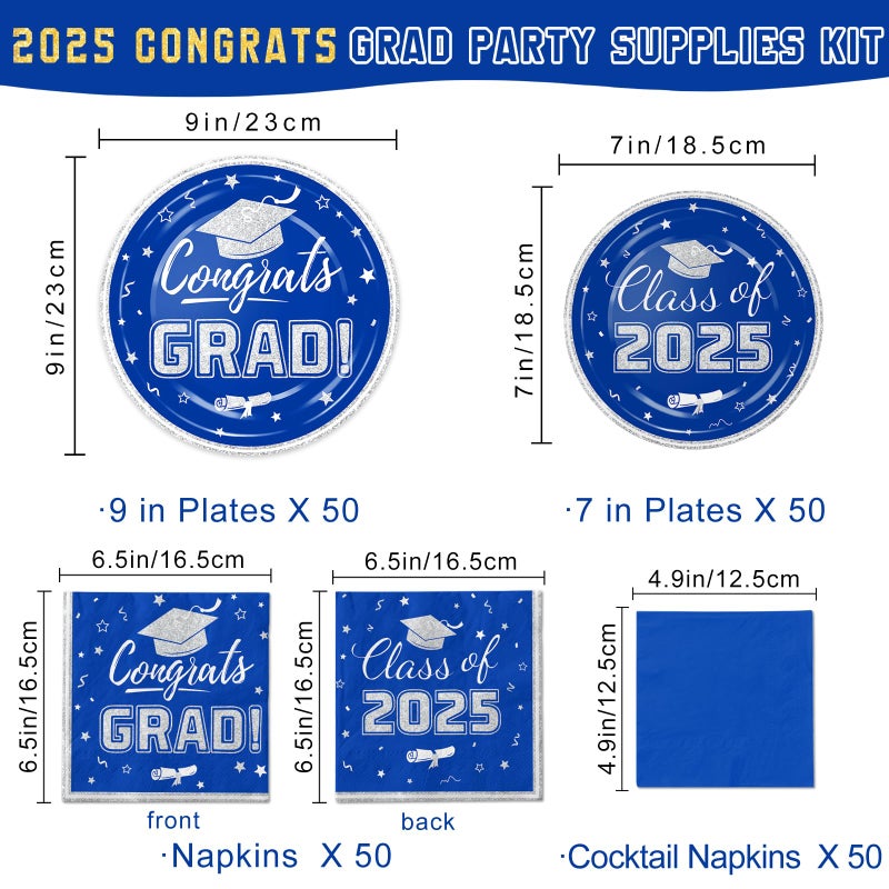 Oigco Blue and Silver Graduation Party Plates and Napkins 2025 - Graduation Party Supplies Congrats Grad Disposable Paper Plates Cocktail Napkins Luncheon Napkins for Graduation Party Decorations  Serve 50 - Image 2