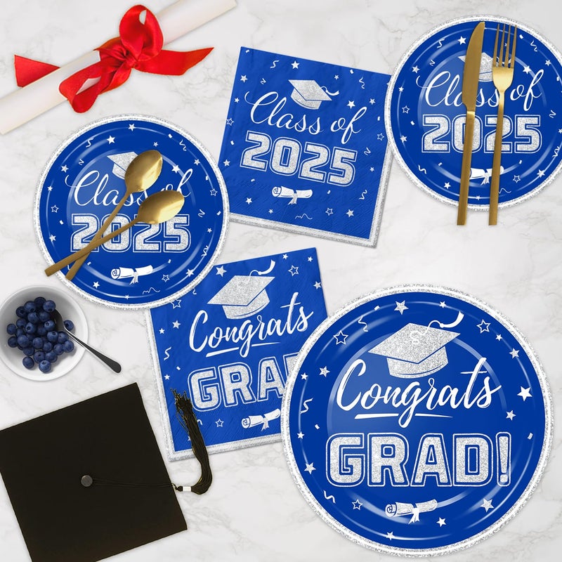 Oigco Blue and Silver Graduation Party Plates and Napkins 2025 - Graduation Party Supplies Congrats Grad Disposable Paper Plates Cocktail Napkins Luncheon Napkins for Graduation Party Decorations  Serve 50 - Image 4