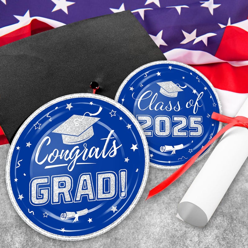 Oigco Blue and Silver Graduation Party Plates and Napkins 2025 - Graduation Party Supplies Congrats Grad Disposable Paper Plates Cocktail Napkins Luncheon Napkins for Graduation Party Decorations  Serve 50 - Image 3