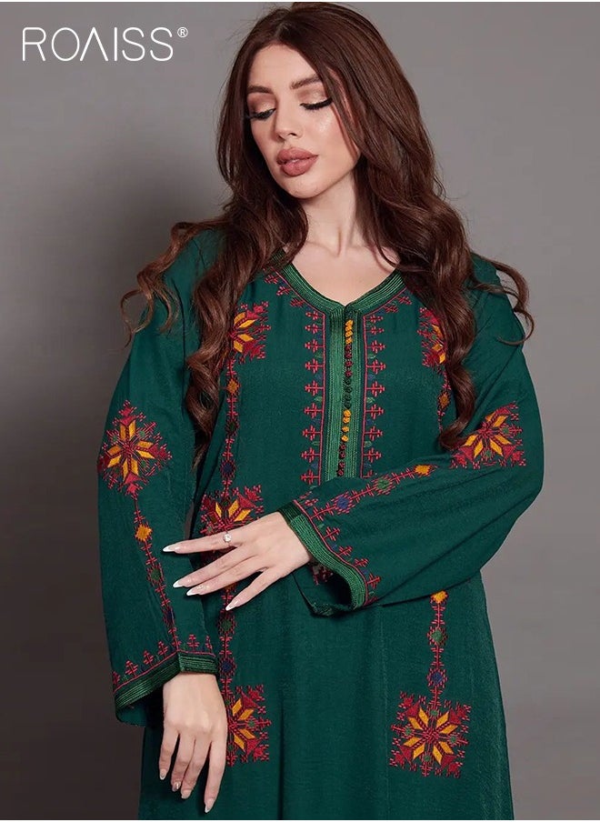 roaiss - Embroidered Floral Abaya Robes for Women Comfy Soft Arabic Long Dress for Muslim Party Ramadan Stylish Quilted V-Collar Plus Size Moroccan Kaftan - Image 1