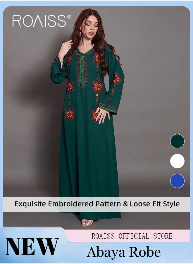 roaiss - Embroidered Floral Abaya Robes for Women Comfy Soft Arabic Long Dress for Muslim Party Ramadan Stylish Quilted V-Collar Plus Size Moroccan Kaftan - Image 1