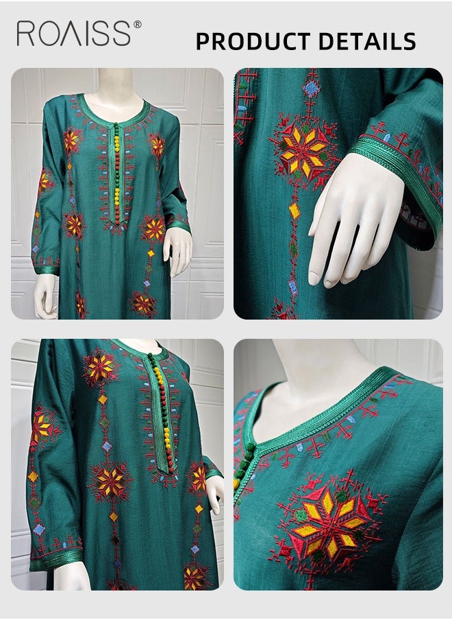 roaiss - Embroidered Floral Abaya Robes for Women Comfy Soft Arabic Long Dress for Muslim Party Ramadan Stylish Quilted V-Collar Plus Size Moroccan Kaftan - Image 1