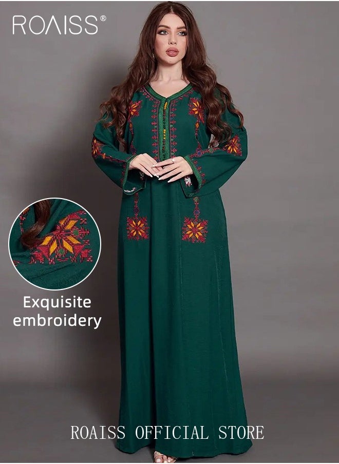 roaiss - Embroidered Floral Abaya Robes for Women Comfy Soft Arabic Long Dress for Muslim Party Ramadan Stylish Quilted V-Collar Plus Size Moroccan Kaftan - Image 1