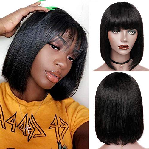 Rebasar Bob Human Hair Wigs with Bangs None Lace Front Wigs Brazlian Straight Hair Bob Wigs for Black Women Human Hair Glueless Machine Made Wear and Go Natural Color 14 Inch - Image 1