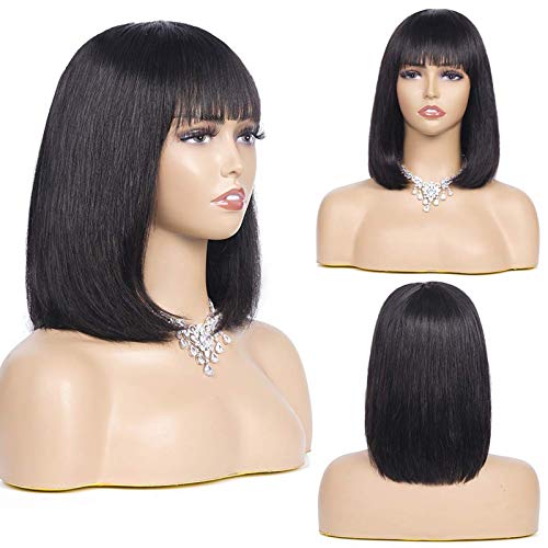 Rebasar Bob Human Hair Wigs with Bangs None Lace Front Wigs Brazlian Straight Hair Bob Wigs for Black Women Human Hair Glueless Machine Made Wear and Go Natural Color 14 Inch - Image 2