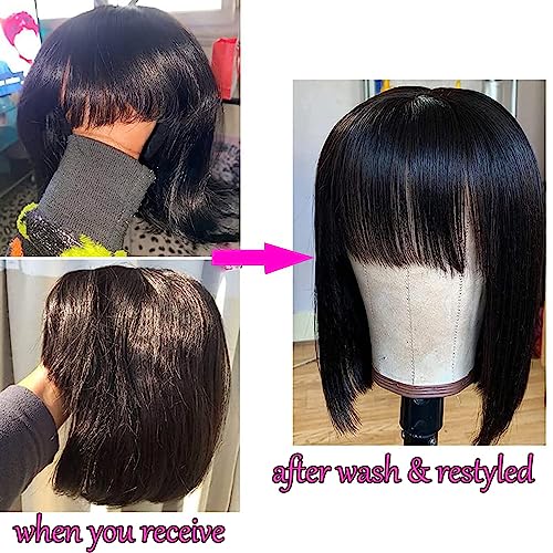 Rebasar Bob Human Hair Wigs with Bangs None Lace Front Wigs Brazlian Straight Hair Bob Wigs for Black Women Human Hair Glueless Machine Made Wear and Go Natural Color 14 Inch - Image 5