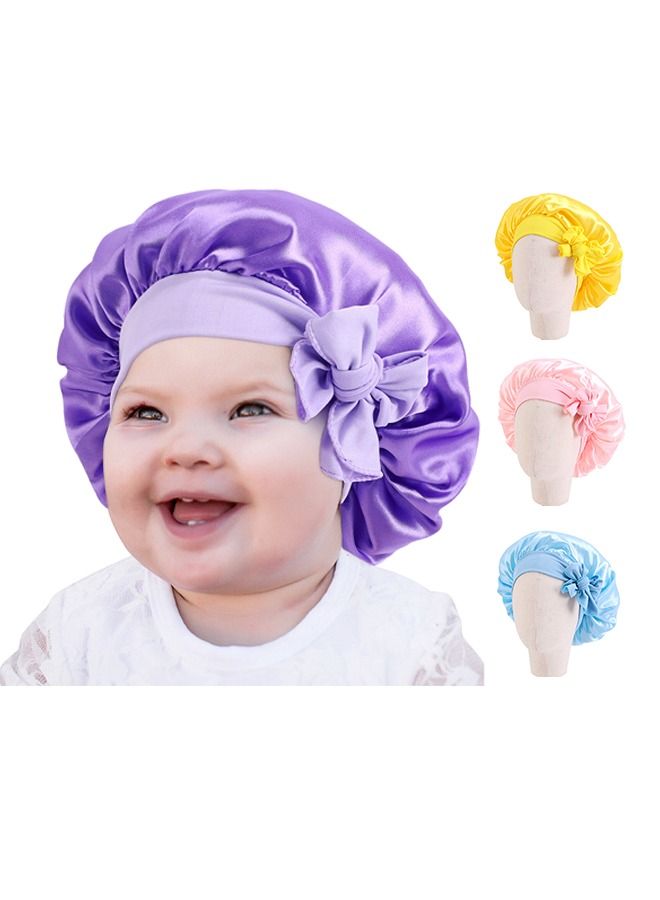 4Pcs Kids Satin Bonnet Sleeping Cap with Silk Ribbon, Soft Satin Baby Nightcap, Satin Hair Bonnet for Sleeping Night Hair Wide Band Sleeping Cap for Toddler Infant Kids (Purple/Yellow/Pink/Blue) - Image 1